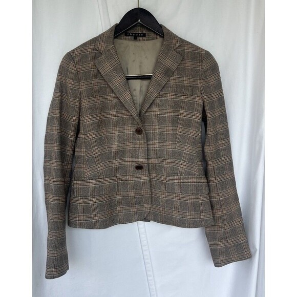 Theory Brown Plaid Wool Blend Blazer Jacket Size 4 Preppy Academia Office Work - Picture 1 of 8